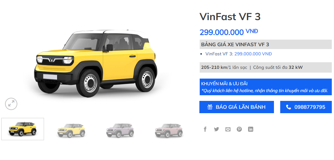 VinFast VF3 nhiều màu sắc, bảng giá xe VF3 tại Thái Nguyên